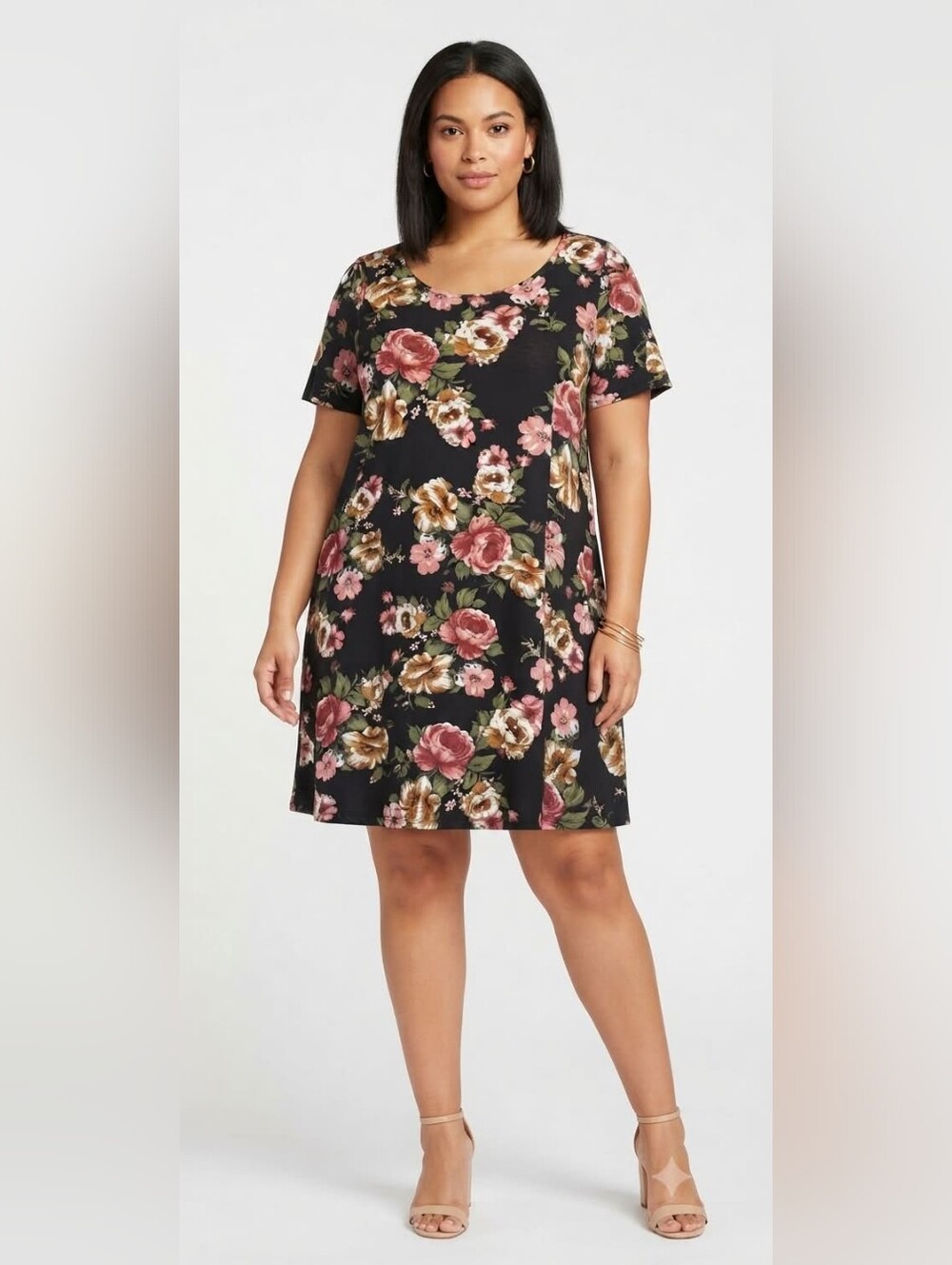 Vibe Sportswear Floral Scoop Neck Shift Dress - Black Rose Olive Size 2X
